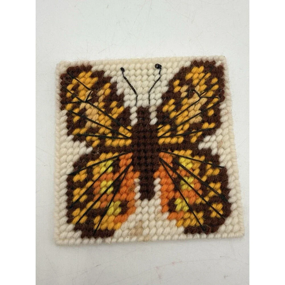 VTG 5 Butterfly Monarch + Handmade Plastic Canvas Coaster Sets w/ Basket Holder